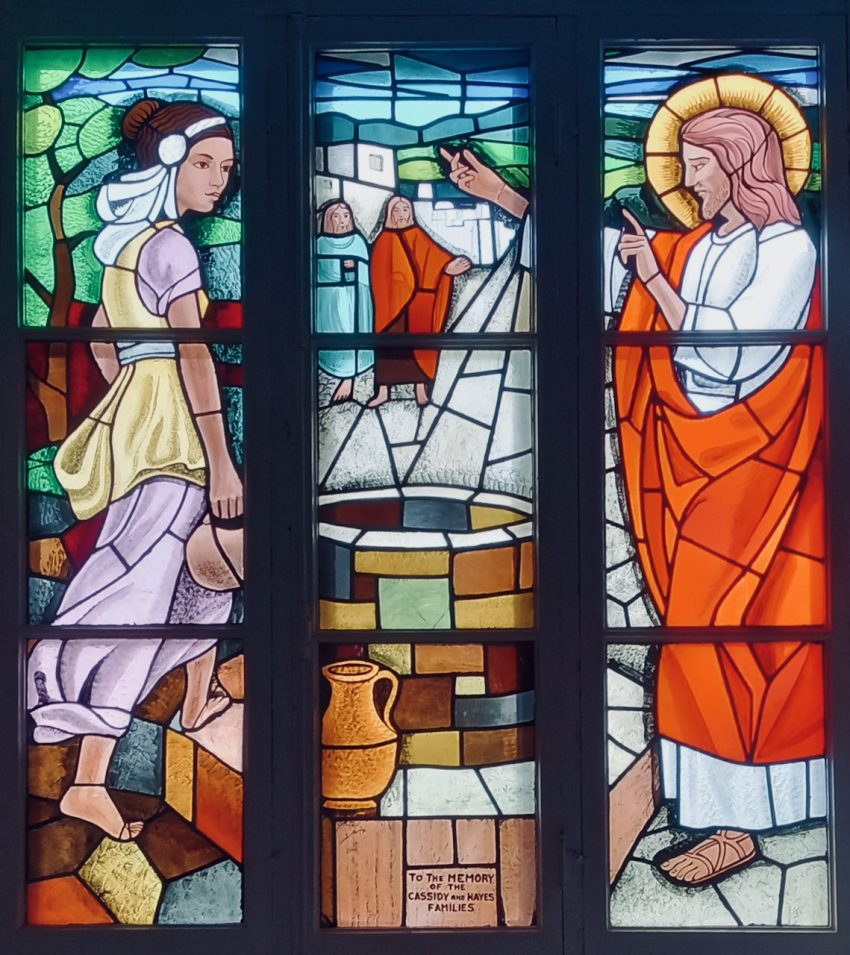 'He told me all that I ever did...we know now that He is the Saviour' John 4 - Jesus at Jacob's Well - Saint Michael's Basilica Stained Glass